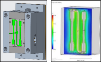 CAD Modell Schnellwechselwerkzeug mit Probekörper - Werkzeugeinsatz und simulierte Temperaturverteilung des Probekörper - Werkzeugeinsatzes