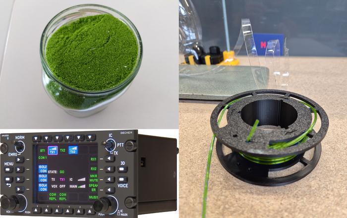 Collage aus drei Bildern, das erste zeigt die PMMA-Reste als grünes Pulver in einem Glas, das zweite eine Spule mit dem Recyclingfilament und das dritte einen Intercom-Baustein der Firma Becker Avionics in dem unter anderem die grünen Linsen aus dem Recyclingfilament hergestellt wurden